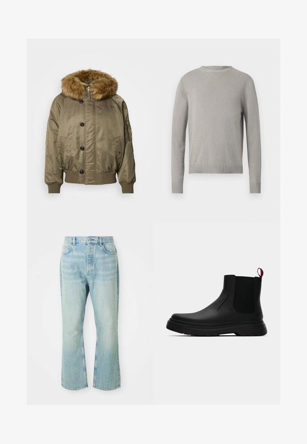Olivovo zelená bombardérka s rebrovanými manžetami a lemom, prednými gombíkmi, zipsom, bočnými vreckami a veľkým odnímateľným hnedým umelým kožušinovým lemom kapucne.; Svetlo šedý pletený sveter s okrúhlym výstrihom, pružnými manžetami a spodným lemom. Obsahuje textúrovanú tkaninu v jednoliatej farbe bez vzorov.; Svetlomodré džínsy s rozšírenými nohavicami a vysokým pásom, so piatimi vreckami, pútkami na opasok a so zafarbením s vyblednutým vzhľadom.; Čierne členkové topánky s hladkým povrchom, elastickými bočnými panelmi a kontrastným červeným poutkom, vybavené hrubou gumovou podrážkou a zaoblenou špičkou.
