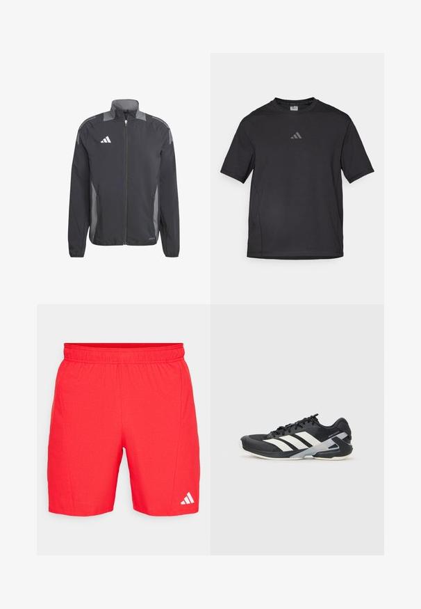 Zwarte sportjack met grijze accenten, volledig ritsvoorkant, hoge kraag en zijzakken. Bevat reflecterende details en een geborduurd logo.; Zwart sport t-shirt van ademend materiaal, met korte mouwen, een ronde hals en een reflecterende logo op de borst.; Rode sportieve shorts met een elastische tailleband, gestructureerde stof en een wit Adidas-logo nabij de zoom.; Zwarte sportschoen met witte strepen, bovenwerk van mesh, ronde neus en geveerde zool. Heeft een getextureerde hak en een veilig vetersysteem.