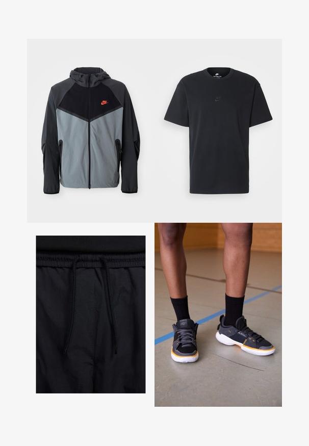 Nike kapucnis dzseki fekete és szürke színkombinációval, geometrikus mintázattal, cipzáros zsebekkel és egy kiemelkedő piros logóval a mellkason.; Fekete pamut póló Nike márkájú, klasszikus, kerek nyakú, rövid ujjú, és letisztult, dombornyomott logóval a mellkason. Simább textúra.; Fekete rövidnadrág, húzózsinórral ellátott derékrésszel, könnyű anyagból, sima felszínen, egyszerű dizájnnal, látható logók vagy minták nélkül.; Fekete és szürke sportcipők narancssárga akcentussal, textúrázott felsőrésszel, fűzőkkel és párnázott fehér talppal. Fekete zoknikkal viselve.
