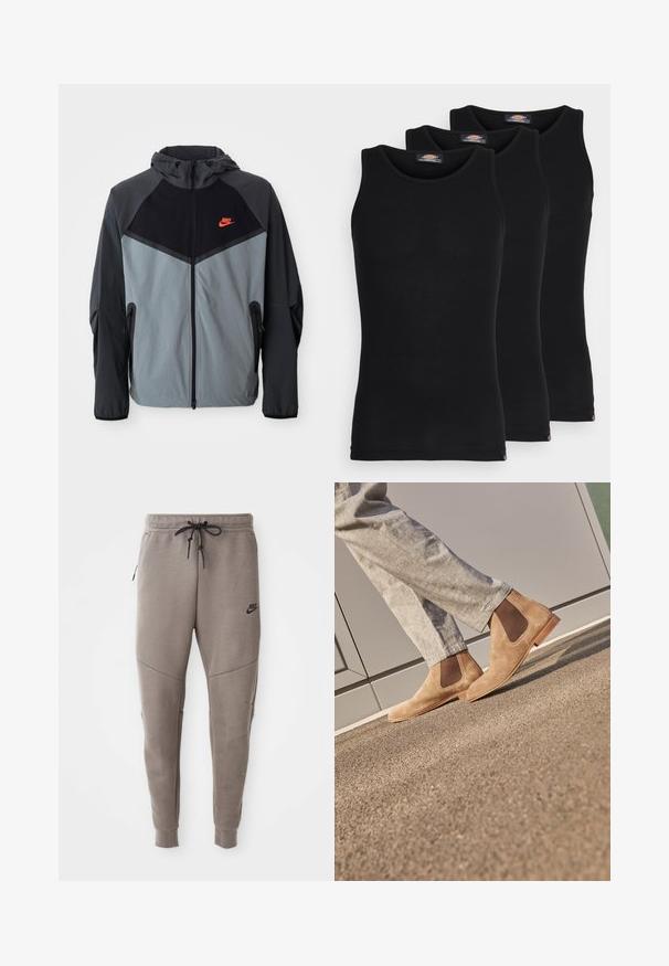 Nike hættetrøje med en sort og grå farveskala samt et geometrisk design, lynlåslommer og et fremtrædende rødt logo på brystet.; Sorte tanktoppe i en pakke med tre. Ribbet tekstur, standard rund halsudskæring, uden ærmer. Kanten har et lille brandlogo nederst.; Grå Nike joggingbukser med snoretræk i taljen, tapered ben, sidelommer og markante sømdetaljer. Blødt, struktureret stof.; Brune ruskind Chelsea støvler med elastiske sidepaneler og en glat tan gummisål, parret med lyse grå bukser på en tekstureret overflade.