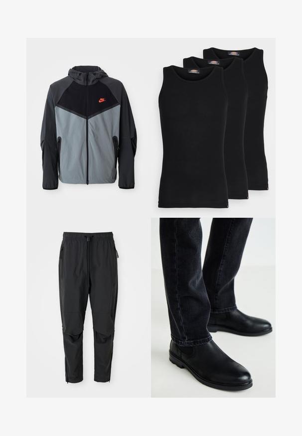 Nike kapuci jaka ar melnu un pelēku krāsu shēmu, ģeometrisku dizainu, ar rāvējslēdzēja kabatām un izteiktu sarkano logotipu uz krūšu zonas.; Melni bezpiedkakla topi trīs komplektā. Ribota tekstūra, standarta apaļā izgriezumā, bez piedurknēm. Apakšmalā ir neliela zīmola logo.; Melnas vieglas bikses ar elastīgu jostu, auklu, ar rāvējslēdzēja sānu kabatām, izšūtām ceļgalām un potīšu rāvējslēdzējiem.; Melnas ādas potītes zābaki ar noapaļotu purngalu un elastīgām sānu malām, valkāti ar tumši ziliem džinsiem, uzsverot gludu tekstūru un rāmu dizainu.