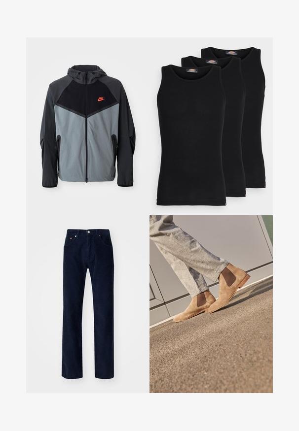 Nike kapuutsiga jakk, millel on must ja hall värvigamma koos geomeetrilise disainiga, lukuga taskud ja silmapaistev punane logo rinna peal.; Mustad mustasid maikat, pakis kolm tükki. Ribidega tekstuur, standardne ümardatud kaelus, ilma varrukateta. Hemil on all väike brändi logo.; Tumed sinine kirurgiipükste sirge jala disainiga, viie taskuga ja metallist nupuga sulgemine. Kanga pinnal on vertikaalsed ribad ja pehme tekstuur.; Pruunist sametist Chelsea saapad elastsete külgpaneelidega ja siledast tan värvi kummitaldadega, koos heledate hallide pükstega tekstuurilisel pinnal.