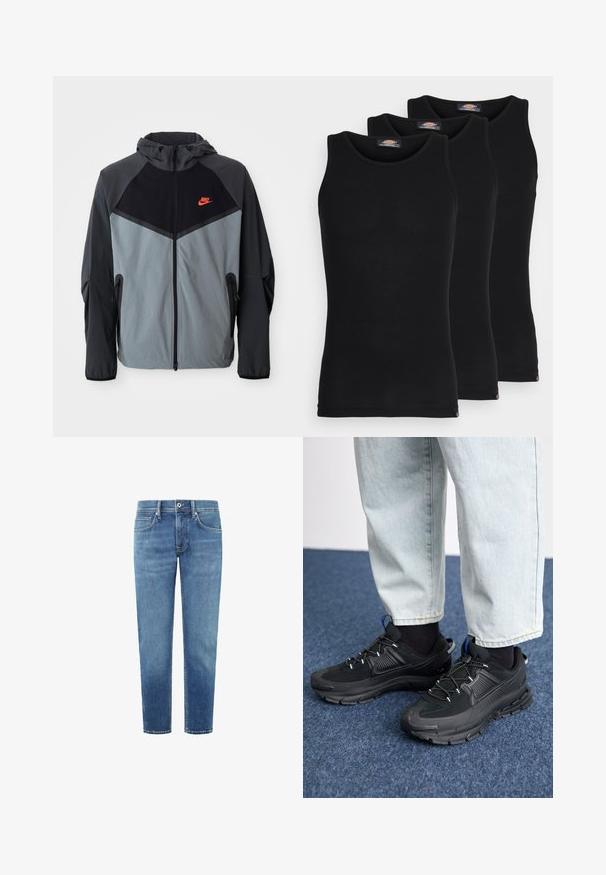 Nike jakna s kapuljačom u crno-sivoj boji s geometrijskim uzorkom, zatvorenim džepovima i istaknutim crvenim logotipom na prsima.; Crne majice na naramenice u pakiranju od tri komada. Rebrasta tekstura, standardni okrugli izrez, bez rukava. Rub sadrži mali logo brenda na dnu.; Svijetloplave traperice ravnog kroja s pet džepova i klasičnim pojasom. Glatka tekstura s blagim izbljeđivanjem i kontrastnim šavovima.; Crne atletske cipele s teksturiranom tkaninom i gumene potplate, s elastičnim vezicama i plavim akcentom na peti. Nosene su s svijetlim trapericama.