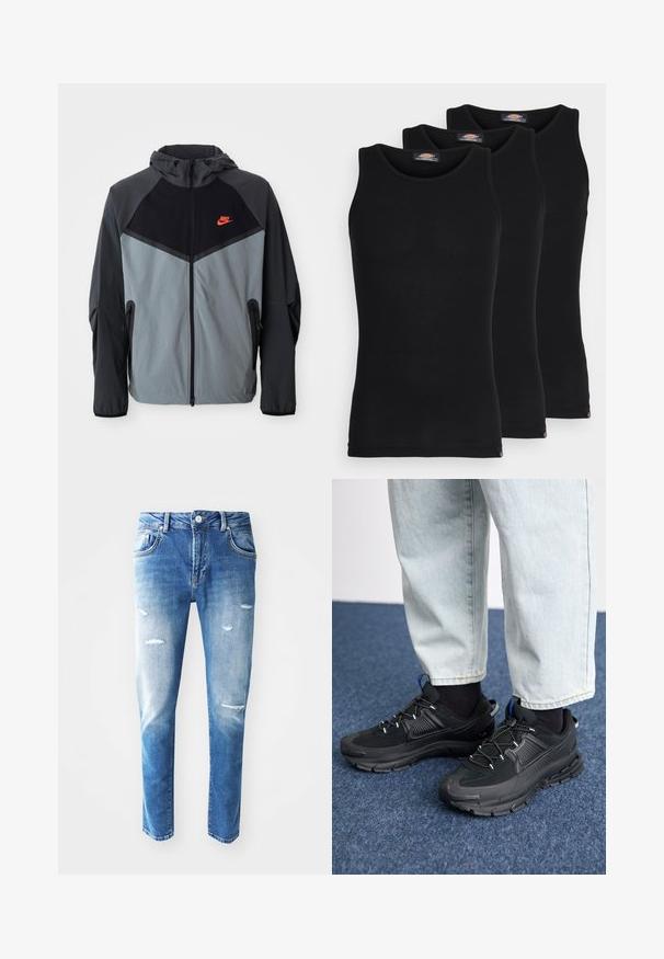 Nike kapuci jaka ar melnu un pelēku krāsu shēmu, ģeometrisku dizainu, ar rāvējslēdzēja kabatām un izteiktu sarkano logotipu uz krūšu zonas.; Melni bezpiedkakla topi trīs komplektā. Ribota tekstūra, standarta apaļā izgriezumā, bez piedurknēm. Apakšmalā ir neliela zīmola logo.; Zilas džinsu bikses ar gaismas un tumsas gradientu, nolietojuma detaļām, tostarp plēstēm, piecām kabatām un pogu aizdari jostasvietā.; Melni sporta apavi ar strukturētu audumu un gumijas zoli, ar elastīgām auklām un zilu akcentu uz papēža. Nēsāti ar gaišām džinsu biksēm.