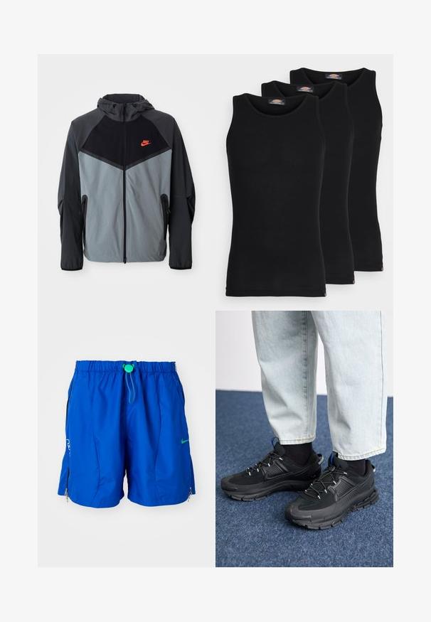Nike Kapuzenjacke in einem Schwarz-Grau-Farbschema mit geometrischem Design, Reißverschlusstaschen und einem markanten roten Logo auf der Brust.; Schwarze Tanktops im Dreierpack. Gerippte Textur, klassischer Rundhalsausschnitt, ohne Ärmel. Der Saum hat am unteren Ende ein kleines Markenlogo.; Blaue sportliche Badehosen mit elastischem Taillenbund und verstellbarem Kordelzug. Mit Reißverschluss-Taschen und einem logoplatzt auf der Vorderseite.; Schwarze Sportschuhe aus strukturiertem Stoff mit Gummisohlen, ausgestattet mit elastischen Schnürsenkeln und einem blauen Akzent an der Ferse. Getragen mit hellen Jeans.