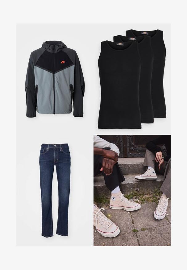 Nike huppari, jossa on musta ja harmaa värimaailma, geometrinen muotoilu, vetoketjulliset taskut ja näkyvä punainen logo rintamuksessa.; Mustat hihattomat t-paidat kolmessa paketissa. Ribbed-kudontaa, tavallinen crew-kaarroke, ilman hihoja. Helmaosa sisältää pienen brändilogon alareunassa.; Tummansiniset farkut suoran lahkeensuunnittelun kanssa, joissa on perinteinen viiden taskun malli ja ommeltu yksityiskohtia saumoissa.; Korkean varren beige kangastennarit, joissa on punainen raita, valkoinen kumipohja ja metalliset silmukat, sekä ikoninen tähti-logo sivussa.