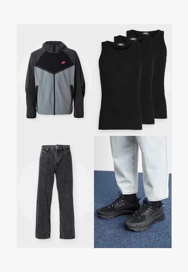 Nike kailinio džemperio striukė, pasižyminti juodos ir pilkos spalvų schemomis su geometriniu raštu, užtrauktukais užsegamomis kišenėmis ir ryškiu raudonu logotipu ant krūtinės.; Juodi maikutai trijų pakuotėje. Raštuota tekstūra, standartinė apvalia iškirpte, be rankovių. Apačia papuošta mažuoju prekės ženklu.; Jack & Jones JJIALEX JJORIGINAL - Platūs džinsai - black denim; Juodi sportiniai bateliai su tekstūruota medžiaga ir guminiais padais, su elastingomis raišteliais ir mėlynu akcentu ant kulno. Dėvimi su šviesiai mėlynomis džinsinėmis kelnėmis.