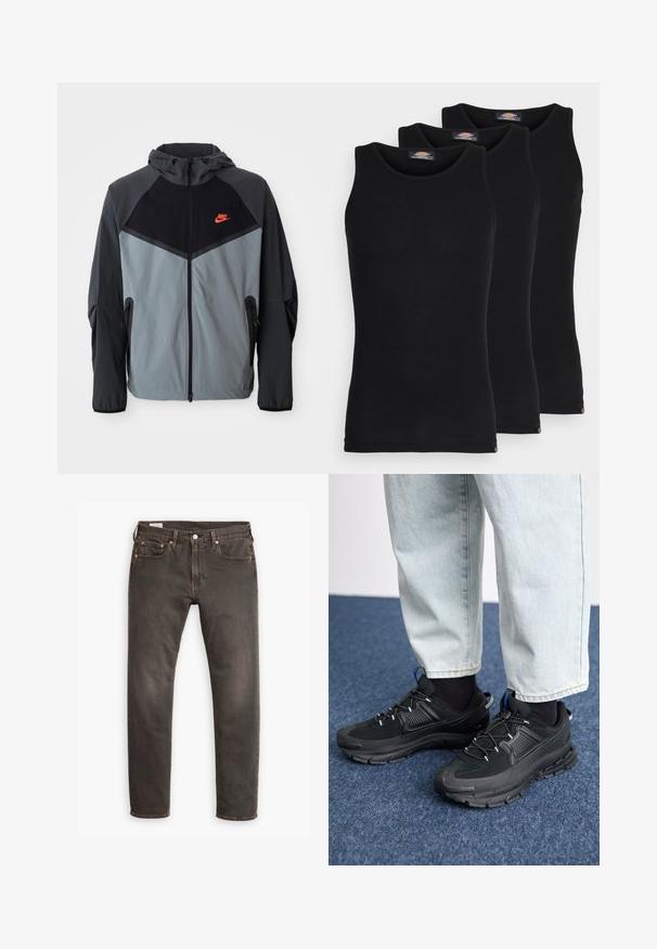 Jachetă cu glugă Nike, având o schemă de culori alb-negru și gri, cu un design geometric, buzunare cu fermoar și un logo roșu proeminent pe piept.; Tricouri negre fără mâneci, vândute într-un pachet de trei. Textură râscută, decolteu standard tip crew. La tiv se află un mic logo al brandului.; Blugi gri închis cu un croi drept clasic. Realizați din denim, au cinci buzunare, nituri din cupru și un închizător simplu cu nasture.; Pantofi sport negri, cu țesătură texturată și tălpi din cauciuc, având șireturi elastice și un accent albastru pe toc. Purtați cu pantaloni din denim deschis.