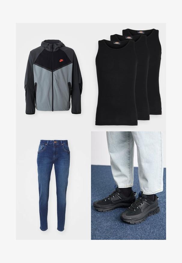 Nike huva jacka med svart och grå färgpalett, geometrisk design, dragkedjor på fickorna och en framträdande röd logotyp på bröstet.; Svarta linnen i ett paket med tre. Ribbad textur, standard rund halsringning, utan ärmar. Nederkant med liten logotyp i botten.; Mörkblå denimjeans med rak benform, femficksstil och kopparknappsstängning. Ljus slitage ger textur.; Svarta sportskor med texturerat tyg och gummisulor, med elastiska snörningar och en blå detalj på hälen. Bärs med ljusa jeans.