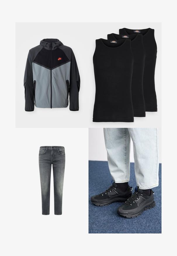 Nike kapuutsiga jakk, millel on must ja hall värvigamma koos geomeetrilise disainiga, lukuga taskud ja silmapaistev punane logo rinna peal.; Mustad mustasid maikat, pakis kolm tükki. Ribidega tekstuur, standardne ümardatud kaelus, ilma varrukateta. Hemil on all väike brändi logo.; Halli teksad otse lõikega; omavad viit taskut, kerged kulumis jäljed ja pleekinud viimistlus. Sulgemiseks on nupud ja tõmblukk.; Mustad mustad jooksukingad, millel on tekstureeritud kangas ja kummist tallad, elastsed nöörid ning sinine aksent kandadel. Kandmine heledate teksadega.