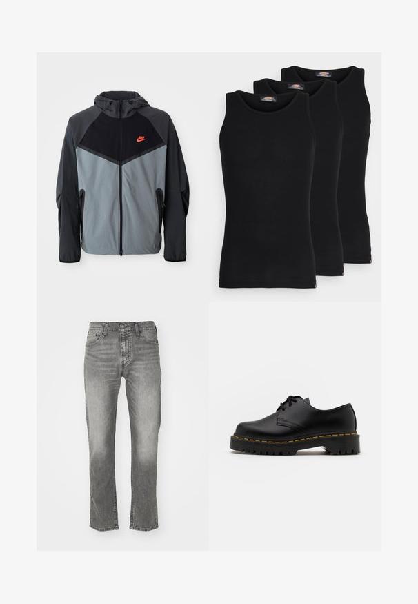Chaqueta con capucha de Nike que presenta una combinación de colores en negro y gris con un diseño geométrico, bolsillos con cremallera y un destacado logo rojo en el pecho.; Camisetas sin mangas negras en un pack de tres. Textura acanalada, escote redondo estándar. El dobladillo presenta un pequeño logo de la marca en la parte inferior.; Jeans de mezclilla gris con corte recto, con cierre de botón, cinco bolsillos y costuras contrastantes a lo largo de las costuras.; Zapato negro de cuero con cordones, punta redondeada, suela de goma texturizada y costuras amarillas alrededor de la base. Diseño plano y acabado suave.