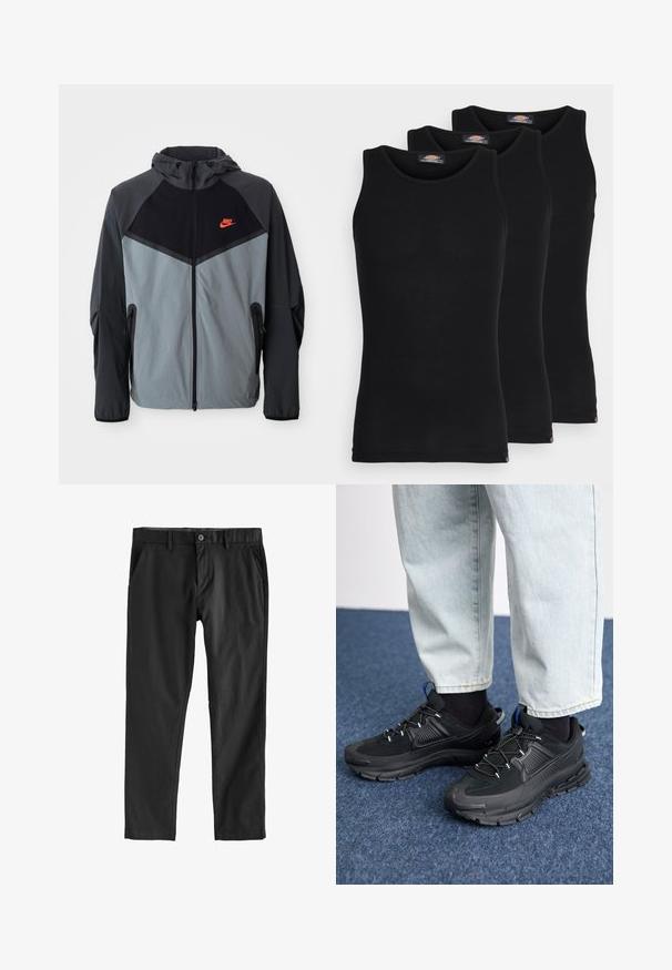 Nike kapuutsiga jakk, millel on must ja hall värvigamma koos geomeetrilise disainiga, lukuga taskud ja silmapaistev punane logo rinna peal.; Mustad mustasid maikat, pakis kolm tükki. Ribidega tekstuur, standardne ümardatud kaelus, ilma varrukateta. Hemil on all väike brändi logo.; Mustadest sileda kangast püksid, millel on nööbiligendus, küljetaskud ja sirge sääre disain. Pole nähtavaid mustreid ega tekstuuri.; Mustad mustad jooksukingad, millel on tekstureeritud kangas ja kummist tallad, elastsed nöörid ning sinine aksent kandadel. Kandmine heledate teksadega.