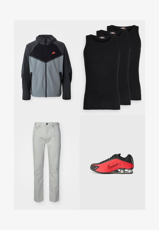 Nike kapuutsiga jakk, millel on must ja hall värvigamma koos geomeetrilise disainiga, lukuga taskud ja silmapaistev punane logo rinna peal.; Mustad mustasid maikat, pakis kolm tükki. Ribidega tekstuur, standardne ümardatud kaelus, ilma varrukateta. Hemil on all väike brändi logo.; Heledad hall hallid püksid otse lõikega, millel on ees taskud, tõmblukk ja metallne nupukinnitus. Sile tekstuur, minimaalne disain.; Nike jooksujalatsid, millel on punane ja must disain, sünteetiline ülemine osa, tekstuurilised mustrid ja hõbedased lööke neelavad kannaelemendid.