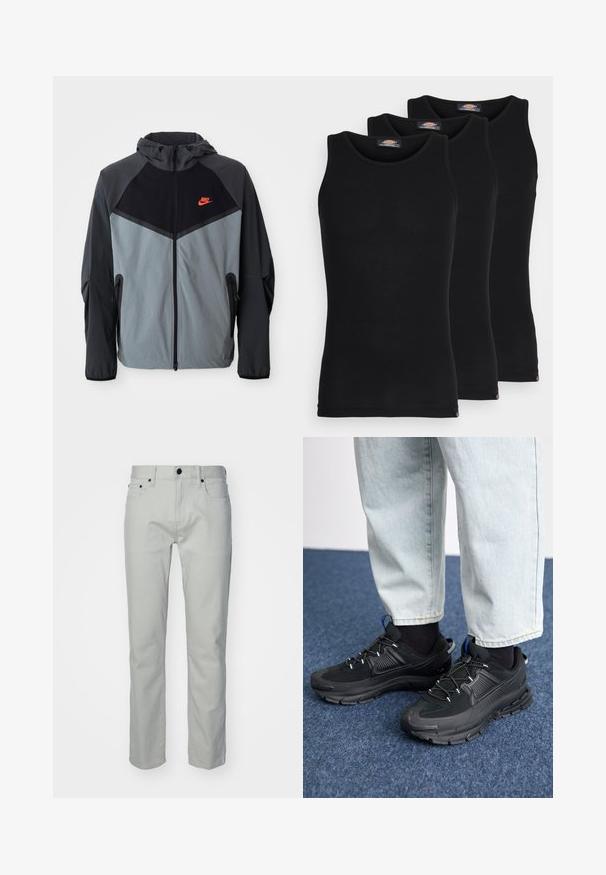 Nike jakna s kapuljačom u crno-sivoj boji s geometrijskim uzorkom, zatvorenim džepovima i istaknutim crvenim logotipom na prsima.; Crne majice na naramenice u pakiranju od tri komada. Rebrasta tekstura, standardni okrugli izrez, bez rukava. Rub sadrži mali logo brenda na dnu.; Svijetlosivi pamučni hlače ravnog kroja, s prednjim džepovima, zatvaranjem na patentni zatvarač i metalnim gumbom. Glatka tekstura, minimalistički dizajn.; Crne atletske cipele s teksturiranom tkaninom i gumene potplate, s elastičnim vezicama i plavim akcentom na peti. Nosene su s svijetlim trapericama.