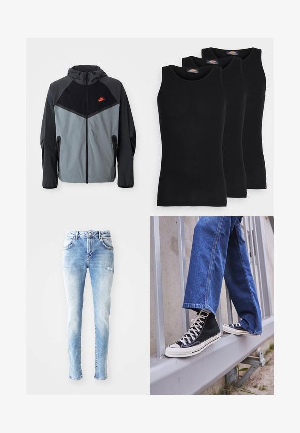 Nike jakna s kapuljačom u crno-sivoj boji s geometrijskim uzorkom, zatvorenim džepovima i istaknutim crvenim logotipom na prsima.; Crne majice na naramenice u pakiranju od tri komada. Rebrasta tekstura, standardni okrugli izrez, bez rukava. Rub sadrži mali logo brenda na dnu.; Svijetloplave traperice s izblijedjelim završetkom, s naborima i klasičnim dizajnom s pet džepova. Ravne nogavice s srednjim strukom.; Crne visoke tenisice s bijelim potplatom i vezicama, u kombinaciji s širokim plavim trapericama, naslonjene na sivi ogradu.