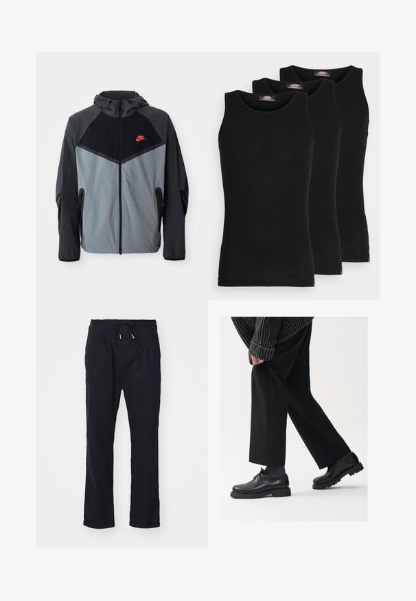 Nike kailinio džemperio striukė, pasižyminti juodos ir pilkos spalvų schemomis su geometriniu raštu, užtrauktukais užsegamomis kišenėmis ir ryškiu raudonu logotipu ant krūtinės.; Juodi maikutai trijų pakuotėje. Raštuota tekstūra, standartinė apvalia iškirpte, be rankovių. Apačia papuošta mažuoju prekės ženklu.; Juodi, lengvi kelnių su elastine juostele ir raišteliu. Siūlo laisvą kirpimą, klostes ir išlenktus aprašus. Pagaminti iš kvėpuojančios medžiagos.; Juodos odinės kojinės su apvalia nosimi, raištelių dizainu ir storu, tekstūriniu padu. Dėvimos su pritaikytomis juodomis kelnėmis ir liniuotėmis megztiniu.