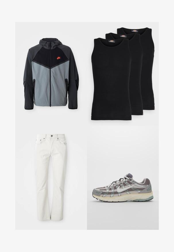 Nike kapucar s črno-sivo barvno shemo s geometrijskim vzorcem, žepi na zadrgo in opaznim rdečim logotipom na prsih.; Črne majice brez rokavov v paketu treh. Rebrasta struktura, standardni okrogel izrez, brez rokavov. Rob ima majhen logotip blagovne znamke na dnu.; Svetlo obarvani kavbojke, izdelane iz bombažne mešanice. Model naravnega kroja s petimi žepi in kovinsko zaponko. Gladka tekstura.; Sive športne čevlje z zgornjim delom iz mrežastega in semiš materiala, belimi akcenti, oblazinjenim podplatom ter edinstvenim dizajnom z odsevnimi elementi.