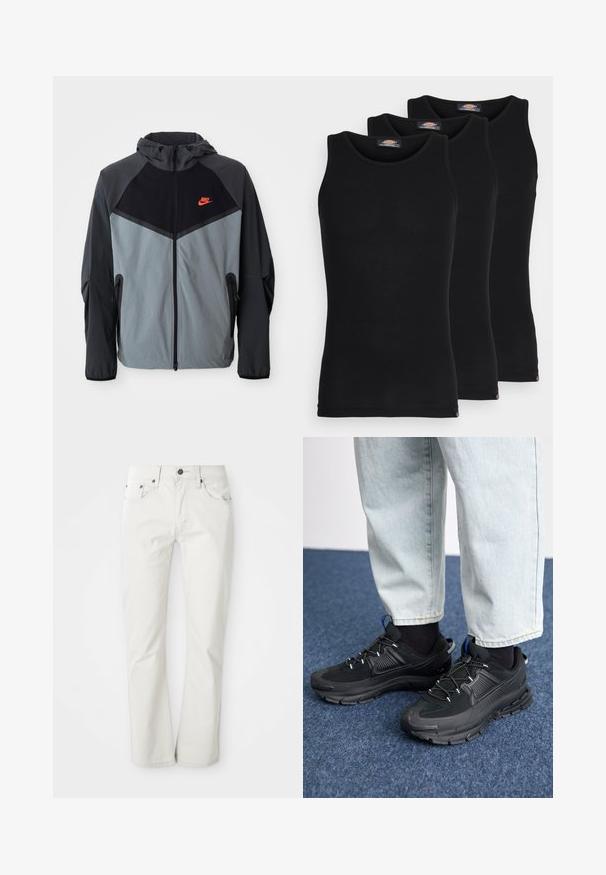 Jachetă cu glugă Nike, având o schemă de culori alb-negru și gri, cu un design geometric, buzunare cu fermoar și un logo roșu proeminent pe piept.; Tricouri negre fără mâneci, vândute într-un pachet de trei. Textură râscută, decolteu standard tip crew. La tiv se află un mic logo al brandului.; Jeansi de culoare deschisă, fabricați dintr-un amestec de bumbac. Design cu picior drept, cu cinci buzunare și închidere cu nasture metalic. Textură netedă.; Pantofi sport negri, cu țesătură texturată și tălpi din cauciuc, având șireturi elastice și un accent albastru pe toc. Purtați cu pantaloni din denim deschis.