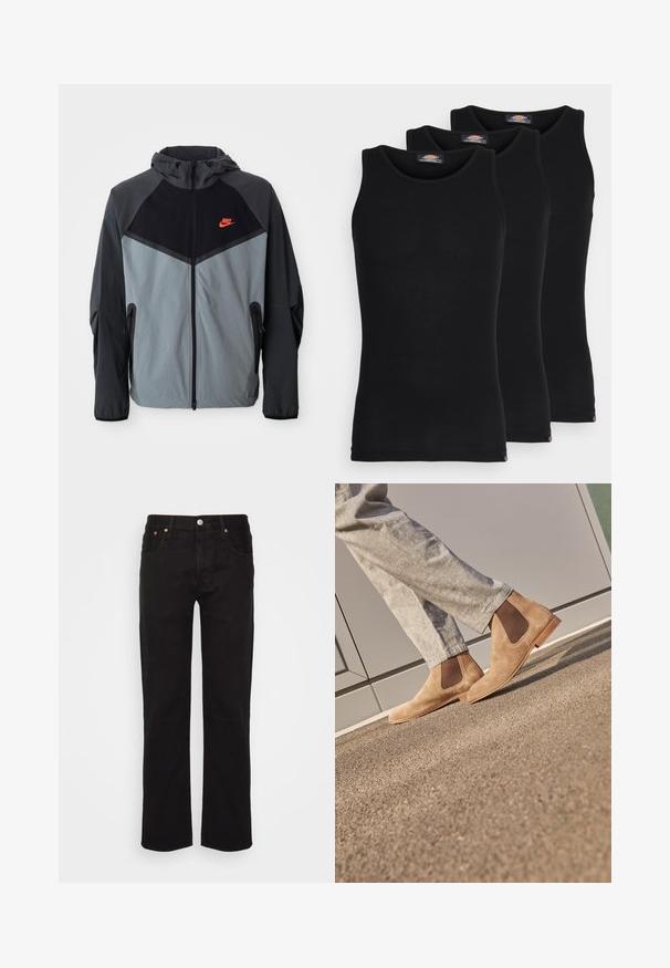 Nike kapucar s črno-sivo barvno shemo s geometrijskim vzorcem, žepi na zadrgo in opaznim rdečim logotipom na prsih.; Črne majice brez rokavov v paketu treh. Rebrasta struktura, standardni okrogel izrez, brez rokavov. Rob ima majhen logotip blagovne znamke na dnu.; Črne jeans hlače ravnega kroja, narejene iz bombaža. Imajo pet žepov, kovinsko gumb in oranžne šive na sprednji strani.; Rjavi semiš Chelsea čevlji z elastičnimi stranskimi paneli in gladkim svetlo rjavim gumijastim podplatom, ujemajoče se s svetlo sivimi hlačami na teksturirani površini.