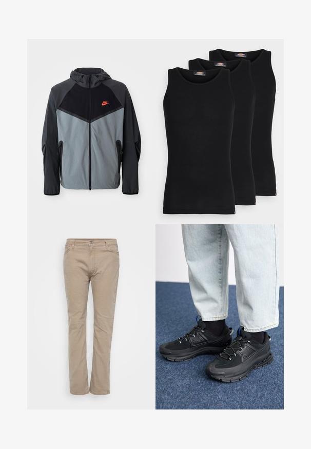 Nike kailinio džemperio striukė, pasižyminti juodos ir pilkos spalvų schemomis su geometriniu raštu, užtrauktukais užsegamomis kišenėmis ir ryškiu raudonu logotipu ant krūtinės.; Juodi maikutai trijų pakuotėje. Raštuota tekstūra, standartinė apvalia iškirpte, be rankovių. Apačia papuošta mažuoju prekės ženklu.; Bežiniai medvilniniai kelnių su tiesiu kojų dizainu, turinčios užtrauktuką, diržo kilpas ir subtilius siuvimo akcentus. Visoje medžiagoje lygi tekstūra.; Juodi sportiniai bateliai su tekstūruota medžiaga ir guminiais padais, su elastingomis raišteliais ir mėlynu akcentu ant kulno. Dėvimi su šviesiai mėlynomis džinsinėmis kelnėmis.