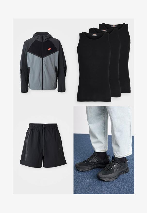 Mikina s kapucí Nike v černošedé barevné kombinaci s geometrickým vzorem, se zipovými kapsami a výrazným červeným logem na hrudi.; Černé tílka v balení po třech. Žebrovaná textura, standardní kulatý výstřih, bez rukávů. Spodní lem má malé logo značky.; Černé šortky s elastickým pasem, nastavitelnou šňůrkou a dvěma postranními kapsami na zip. Disponují hladkým materiálem a decentním logem.; Černé sportovní boty s texturovanou tkaninou a gumovou podrážkou, s elastickými tkaničkami a modrým akcentem na patě. Nosí se s světlými džíny.
