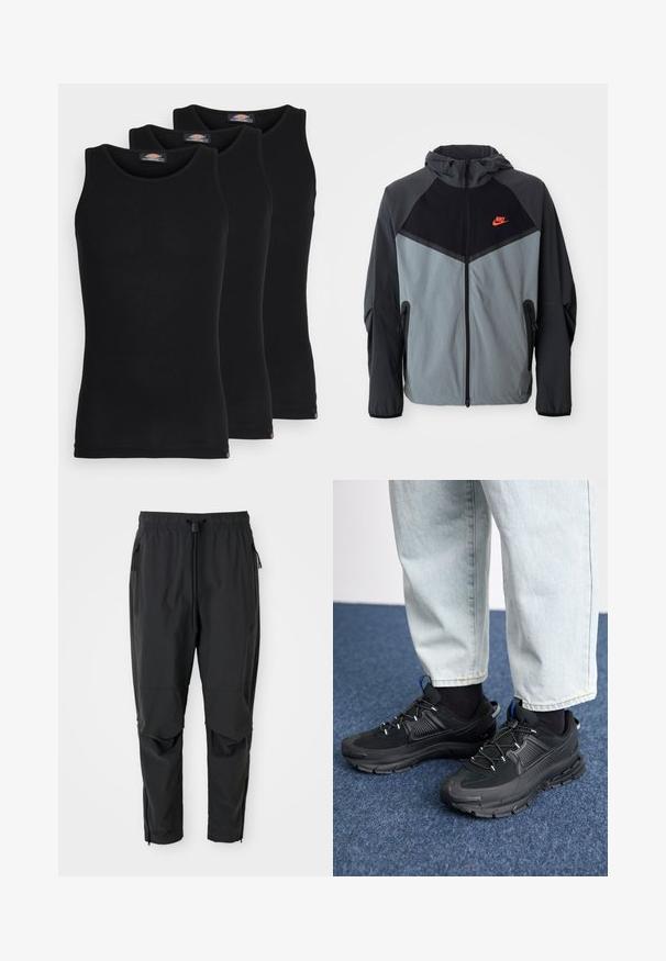 Nike kapucar s črno-sivo barvno shemo s geometrijskim vzorcem, žepi na zadrgo in opaznim rdečim logotipom na prsih.; Črne majice brez rokavov v paketu treh. Rebrasta struktura, standardni okrogel izrez, brez rokavov. Rob ima majhen logotip blagovne znamke na dnu.; Črne lahke hlače z elastičnim pasom, vrvico, zadrgo na stranskih žepih, oblikovanimi koleni in zadrgami na gležnjih.; Črne športne čevlje z teksturirano tkanino in gumijastimi podplati, ki imajo elastične vezalke ter modre poudarke na peti. Nosi se z lahkimi denim hlačami.