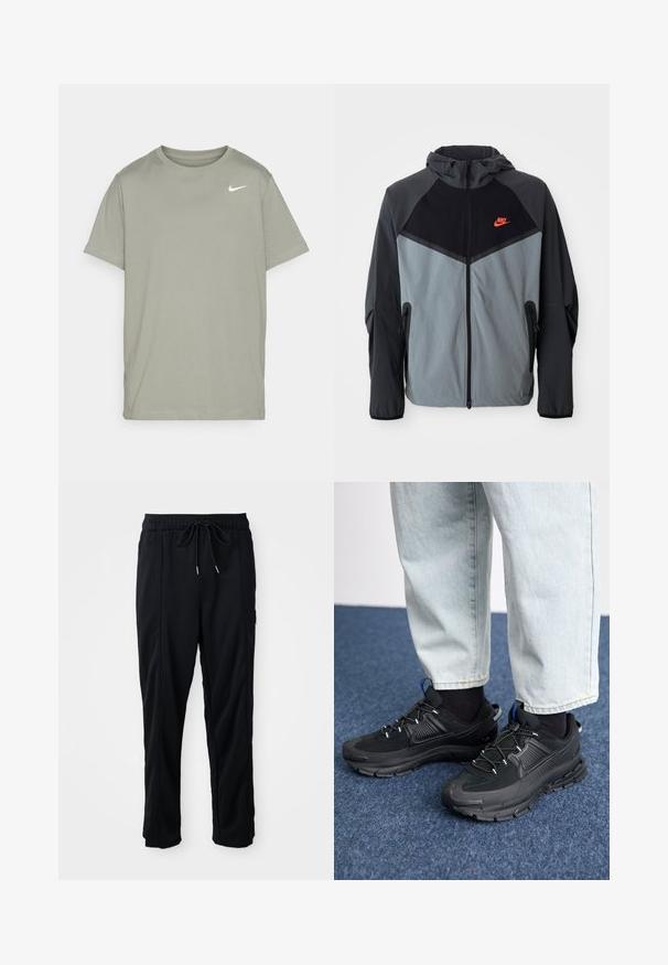 Nike kapucnis dzseki fekete és szürke színkombinációval, geometrikus mintázattal, cipzáros zsebekkel és egy kiemelkedő piros logóval a mellkason.; Nike Performance TEE CREW SOLID - Sportfelső - dark stucco; Fekete húzózsinóros, kényelmes nadrág oldalsó varrású zsebekkel és egyenes szabással, egyszínű háttéren.; Fekete sportcipők texturált anyaggal és gumitalppal, elasztikus fűzőkkel és kék kiegészítővel a saroknál. Világos farmernadrággal viselve.