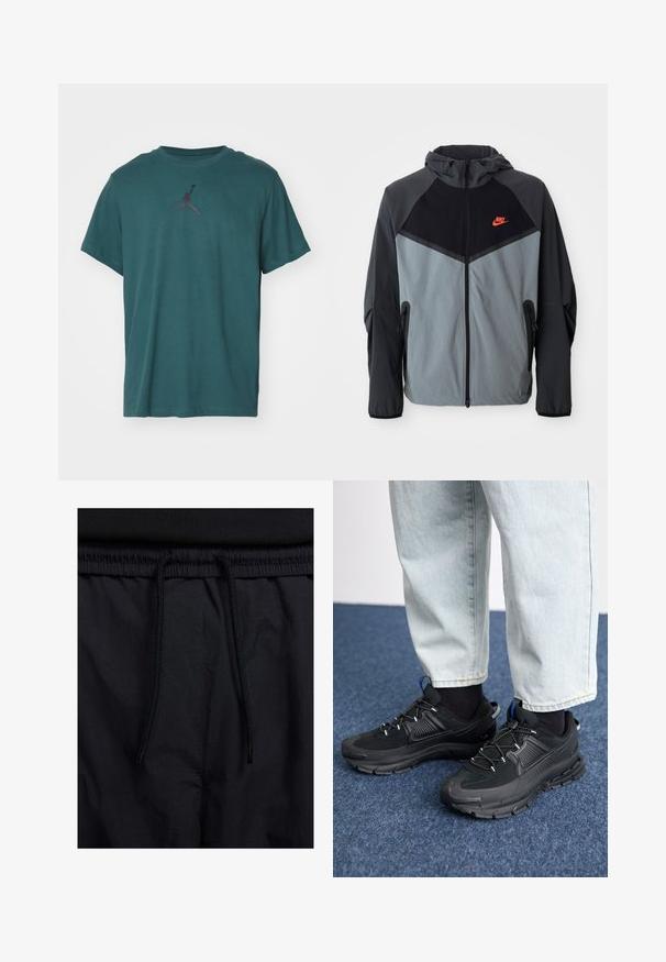 Nike hettejakke med svart og gråfarget design med geometriske mønstre, glidelåslommer og en fremtredende rød logo på brystet.; Jordan JUMPMAN SHORT SLEEVE CREW - T-skjorte til trening - oxidized green/black; Sorte shorts med snor i livet, lett stoff med en jevn tekstur, og et enkelt design uten synlige logoer eller mønstre.; Svarte sportssko med teksturert stoff og gummisåler, med elastiske lisser og en blå detalj på hælen. Brukt med lyse denimbukser.