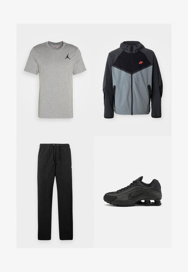Nike kapucar s črno-sivo barvno shemo s geometrijskim vzorcem, žepi na zadrgo in opaznim rdečim logotipom na prsih.; Siv bombažna majica s kratkimi rokavi, ribast okrogli ovratnik in črn Jordan logotip natisnjen na levem prsnem delu. Gladka tekstura.; Črne trenirke iz flisa, z elastičnim pasom in vrvico, dvema sprednjima žepoma ter majhnim logotipom na stegnu.; Črne tekalne čevlje z gladkim sintetičnim zgornjim delom, perforiranimi poudarki, teksturiranimi stranskimi paneli in edinstvenim elastičnim podplatom.