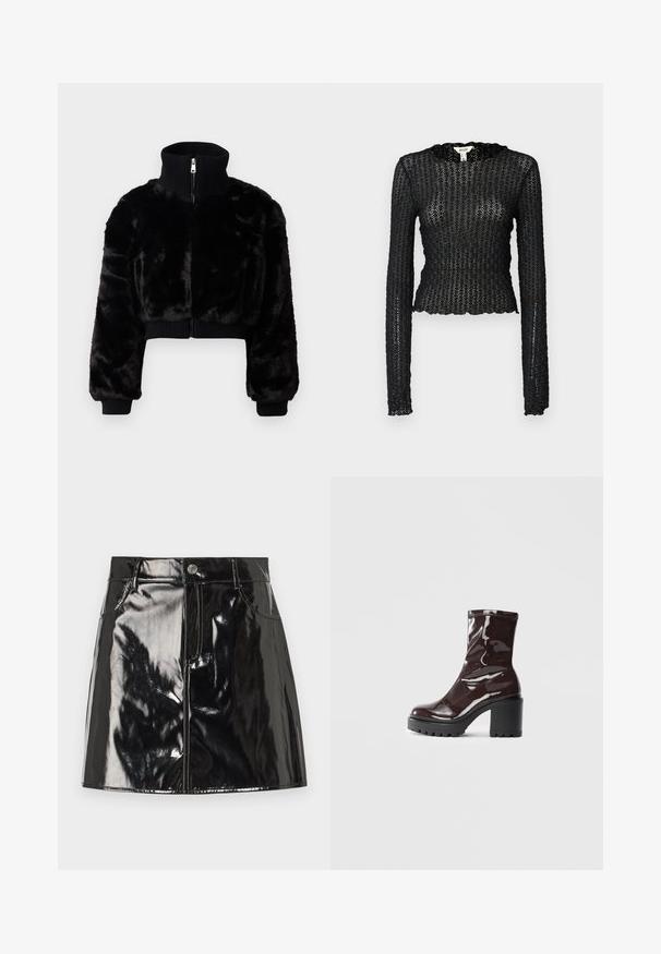 Jachetă scurtă din blană ecologică neagră, cu guler înalt, manșete cu dungi și fermoar frontal. Prezintă un design scurt și o textură moale.; Top negru cu mânecă lungă, realizat din dantelă texturată, având un decupaj la gât în formă de val și un design ajustat cu o siluetă scurtă.; Fustă mini din patent negru cu un finisaj lucios, dotată cu închidere cu nasture, umeri pentru curea și buzunare frontale pentru un plus de detaliu.; Botine lucioase burgundy, cu toc gros negru, având o textură netedă și un design simplu. Fără închideri sau modele vizibile.