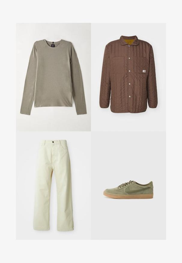 Braune gesteppte Jacke mit Kragen, zwei Brusttaschen, Druckknöpfen und einem kontrastierenden gelben Innenfutter. Verfügt über horizontale Nähte.; Langärmliges, Rundhalsoberteil aus hellgrauem Stoff. Verfügt über flache Nähte und seitliche Schlitze für eine optimale Bewegungsfreiheit sowie eine glatte, weiche Textur.; Hellgelbe, weit geschnittene Jeanshose aus Denim mit einem vorderen Knopfverschluss, fünf Taschen und geradlinigem, unaufgeregtem Design.; Grüner Wildledersneaker mit einer Sohle aus Gummi, runder Zehenform und Schnürdesign. Mit dem charakteristischen Logo von Nike in einem dunkleren Grünton.