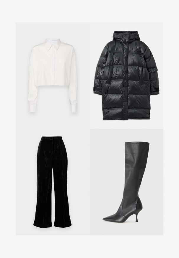 Czarna puchowa kurtka z kapturem, z błyszczącą, pikowaną powłoką, przednimi kieszeniami i zapięciami na rzepy na mankietach.; Przycięta biała koszula z długimi rękawami, zapinanym kołnierzykiem i drobnym wzorem w kropki. Wykonana z gładkiego materiału, charakteryzująca się luźnym krojem.; Czarne welurowe spodnie o szerokich nogawkach z miękką teksturą, z wysokim stanem i subtelnymi pionowymi paskami. Zaprojektowane w luźnym fasonie.; Czarne skórzane botki do kolan z ostrym noskiem i wąskim obcasem w szpilkę. Gładka tekstura z dopasowanym krojem i przeszyciem na górnej krawędzi.