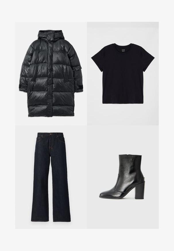 Μαύρο μπουφάν με κουκούλα, με λαμπερή, ραμμένη εξωτερική επιφάνεια, μπροστινές τσέπες και αυτοκόλλητα Velcro στους καρπούς.; Μαύρο κοντομάνικο μπλουζάκι από μαλακό βαμβάκι. Κλασικός σχέδιο με στρογγυλή λαιμόκοψη και απλή, χωρίς διακοσμήσεις επιφάνεια με χαλαρή εφαρμογή.; Σκούρο μπλε τζιν παντελόνι με φαρδιά γραμμή, κατασκευασμένο από τζιν ύφασμα, με πορτοκαλί ραφές, δύο μπροστινές τσέπες και κουμπί κλεισίματος στη ζώνη.; Μαύρο δερμάτινο μποτάκι έως τον αστράγαλο με απλή υφή, μυτερή μύτη και χοντρό ψηλό τακούνι. Διαθέτει πλαϊνό άνοιγμα και μινιμαλιστικό σχέδιο.