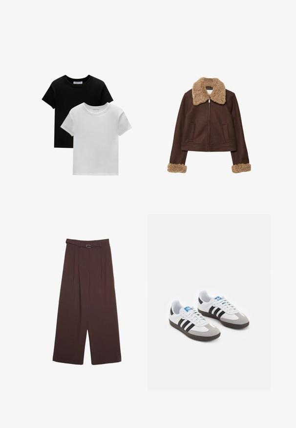 Rjav skrajšani jopič z mehkim bež umetnim krznom na ovratniku in manšetah; ima dve sprednji žep in zadrgo spredaj.; Dve majice s okruglim izrezom, crne in bele barve, narejene iz bombaža. Imajo kratke rokave in enobarven dizajn brez vzorcev ali dodatkov.; Stradivarius WIDE-LEG WITH BUCKLE DETAIL - Hlače - dark brown; Športni čevlji z belim usnjenim zgornjim delom, sivim semišem na prstih in tremi črnimi črtami. Imajo modro logo na jeziku in teksturiran gumijast podplat.