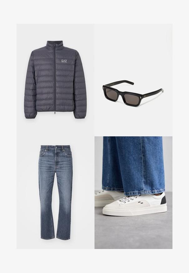 Szara kurtka puchowa z wysokim kołnierzem, pikowanym wzorem, suwak z przodu i logo EA7 na piersi. Gładka tekstura, lekki materiał.; Biała koszulka z długim rękawem, wykonana z miękkiej bawełny. Okrągły dekolt, proste brzegi, bez widocznych wzorów czy grafik.; Jeansy dżinsowe w ciemnoniebieskim odcieniu, z prostą nogawką, pięcioma kieszeniami, szlufkami na pasek i subtelnymi efektami wyblaknięcia.; Białe i czarne sneakersy z gładką skórzaną cholewką, teksturowanymi akcentami oraz masywną białą podeszwą. Posiadają klasyczny system sznurowania.; Czarne prostokątne okulary przeciwsłoneczne z ciemnymi soczewkami, grubą plastikową oprawą, złotymi akcentami na zausznikach oraz wygrawerowanym logo marki na ramieniu.