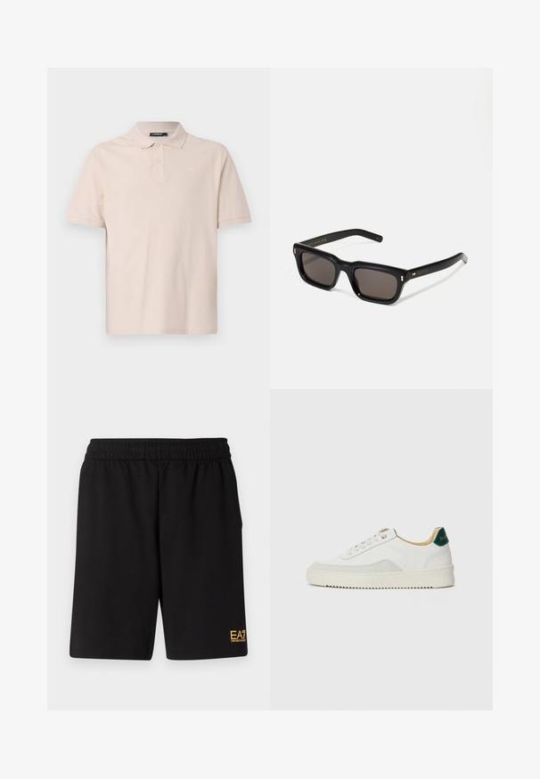 Šedá péřová bunda s vysokým límcem, prošívaným designem, předním zipem a logem EA7 na hrudi. Hladká textura, lehký materiál.; Světlobéžová polokošile, krátké rukávy, límeček, dvouknoflíková légou, jemné logo na hrudi, vyrobena z měkké bavlněné látky.; Černé sportovní šortky vyrobené z měkké látky, s elastickým pasem a malým žlutým logem EA7 na dolní části levé nohy.; Bílé tenisky se semišovými prvky, kulatou špičkou, plochými tkaničkami a krémovou gumovou podrážkou. Na patě mají zelené logo.; Černé obdélníkové sluneční brýle s tmavými skly, silným plastovým rámem, zlatými akcenty na spáncích a vyrytým logem značky na nožičce.