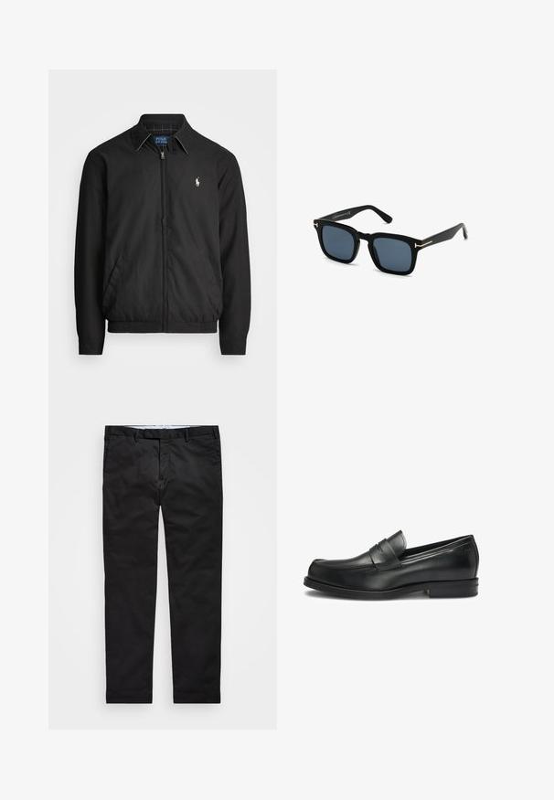 Černá bomber bunda vyrobená z hladkého materiálu, se zipem vpředu, elastickými manžetami, bočními kapsami a malým vyšitým logem na hrudi.; Černá mikina s dlouhým rukávem a kulatým výstřihem, na které je vyšitý červený logo Polo Ralph Lauren na hrudi, položena na bílé pozadí.; Černé chinos kalhoty se střihem rovného nohavice, vyrobené ze směsového bavlněného materiálu, s zipovým zapínáním, poutky na opasek a bočními kapsami. Hladká textura.; Černé kožené mokasíny s kulatou špičkou a prošívaním, s ozdobným páskem přes nárt a nízkým podpatkem.; Černé sluneční brýle čtvercového tvaru s tmavými skly, matným povrchem a zlatými kovovými akcenty na spáncích, vyznačující se minimalistickým designem.