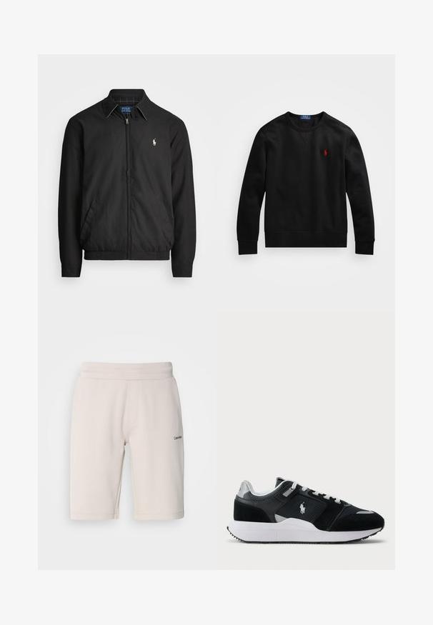 Crna bomber jakna od glatkog materijala s patentnim zatvaračem sprijeda, elastičnim rukavima, bočnim džepovima i malim izvezenim logotipom na prsima.; Crna dukserica s dugim rukavima i okruglim izrezom s crvenim izvezenim logotipom Polo Ralph Lauren na prsima, postavljena ravno na bijeloj pozadini.; Svjetlosmeđe sportske kratke hlače izrađene od mješavine pamuka, s elastičnim pojasom, bočnim džepovima i malim crnim logotipom na jednoj nozi.; Crno-bijeli niske tenisice s gornjim dijelom od mrežaste i antilop kože, bijelim vezicama, bijelim potplatom i logom igrača polo na bočnoj strani.