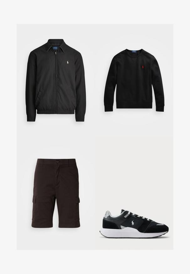 Čierna bomber bunda vyrobená z hladkého materiálu s predným zipsom, elastickými manžetami, bočnými vreckami a malým vyšívaným logom na hrudi.; Čierny dlhý rukáv crew neck sveter s vyšitým červeným logom Polo Ralph Lauren na hrudi, položený na bielom pozadí.; Čierne cargo šortky s gombíkovým zapínaním, bočnými vreckami a rovný strih. Vyrobené z odolnej látky, s hladkým povrchom.; Čierno-biele nízke tenisky s vrchnou časťou z jemnej sieťoviny a semišu, bielymi šnúrkami, bielou podrážkou a logom jazdca na boku.