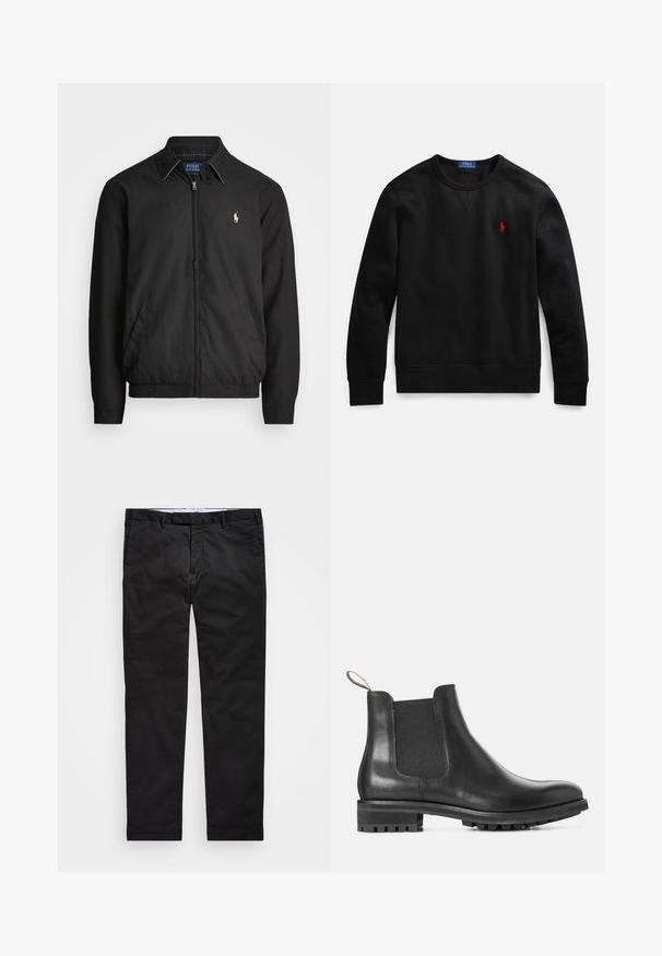 Melna bomber jaka, izgatavota no gludas auduma, ar rāvējslēdzēja priekšpusi, elastīgām piedurknēm, sānu kabatām un mazu izšūtu logotipu uz krūtīm.; Melnā kokvilnas džemperis ar apaļu izgriezumu, uz kreisās krūtīs neliels sarkans logotips, un ar ribotām aprocēm un apakšmalu.; Melnas chinos bikses ar taisnu kāju piegriezumu, izgatavotas no kokvilnas maisījuma auduma, piedāvā rāvējslēdzēja aizdari, jostas cilpas un sānu kabatas. Gluda tekstūra.; Melna ādas Čelsijas zābaks ar elastīgu sānu paneli, noapaļota pirksta daļa un gumijas zole ar teksturētu zīmējumu, lai nodrošinātu saķeri.