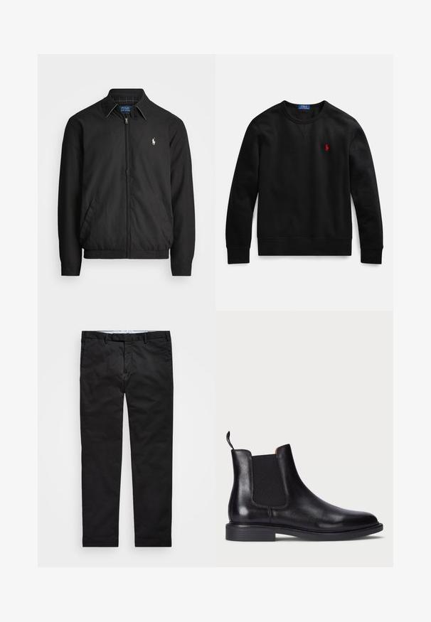 Casaco bomber preto feito de material liso, com fecho éclair à frente, punhos elásticos, bolsos laterais e um pequeno logótipo bordado no peito.; Sweatshirt preta de gola redonda feita de algodão, com um pequeno logotipo vermelho no lado esquerdo do peito, e punhos e bainha canelados.; Chinos pretos com um corte reto, feitos de tecido em mistura de algodão, apresentando fecho de zíper, passantes para cinto e bolsos laterais. Textura suave.; Bota Chelsea em couro preto com painéis laterais elásticos, acabamento texturizado, bico arredondado e salto baixo em camadas. Apresenta uma alça para facilitar o calçar.
