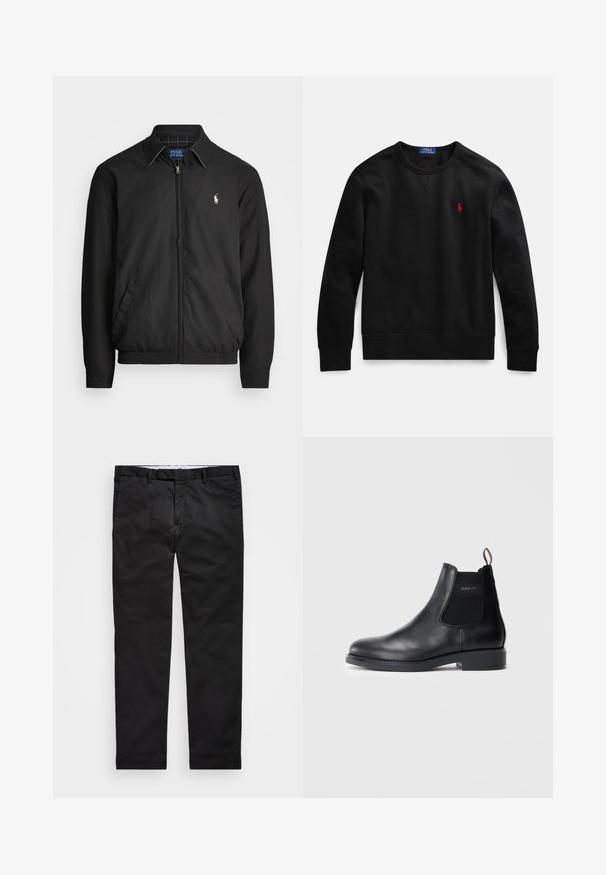 Musta bomber-takki, joka on valmistettu sileästä materiaalista ja jossa on vetoketjukiinnitys, joustavat hihansuut, sivutaskut ja pieni brodeerattu logo rinnassa.; Musta puuvillainen pusero pyöreällä pääntiellä, jossa pieni punainen logo vasemmassa rinnassa sekä resorit hihansuissa ja helmassa.; Mustat chinot, joissa on suora lahje, valmistettu puuvillasekoitekankaasta, jossa on vetoketjusuljenta, vyölenkit ja sivutaskut. Tasainen ja sileä pinta.; Musta nahkainen Chelsea-saapas, jossa on joustavat sivupaneelit, matala korko, nyöri kantapäällä ja GANT-logo ulkopaneelissa.