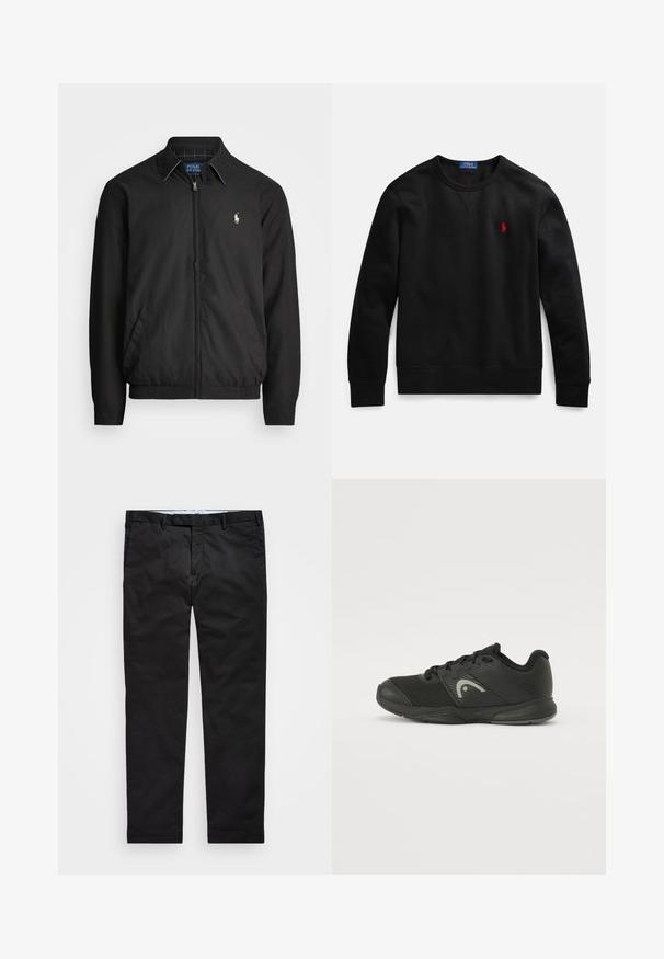 Musta bomber-takki, joka on valmistettu sileästä materiaalista ja jossa on vetoketjukiinnitys, joustavat hihansuut, sivutaskut ja pieni brodeerattu logo rinnassa.; Musta puuvillainen pusero pyöreällä pääntiellä, jossa pieni punainen logo vasemmassa rinnassa sekä resorit hihansuissa ja helmassa.; Mustat chinot, joissa on suora lahje, valmistettu puuvillasekoitekankaasta, jossa on vetoketjusuljenta, vyölenkit ja sivutaskut. Tasainen ja sileä pinta.; Mustat urheilukengät, jotka on valmistettu verkko- ja synteettisistä materiaaleista. Kengissä on teksturoitu muotoilu, kumipohja ja erottuva harmaa logo.