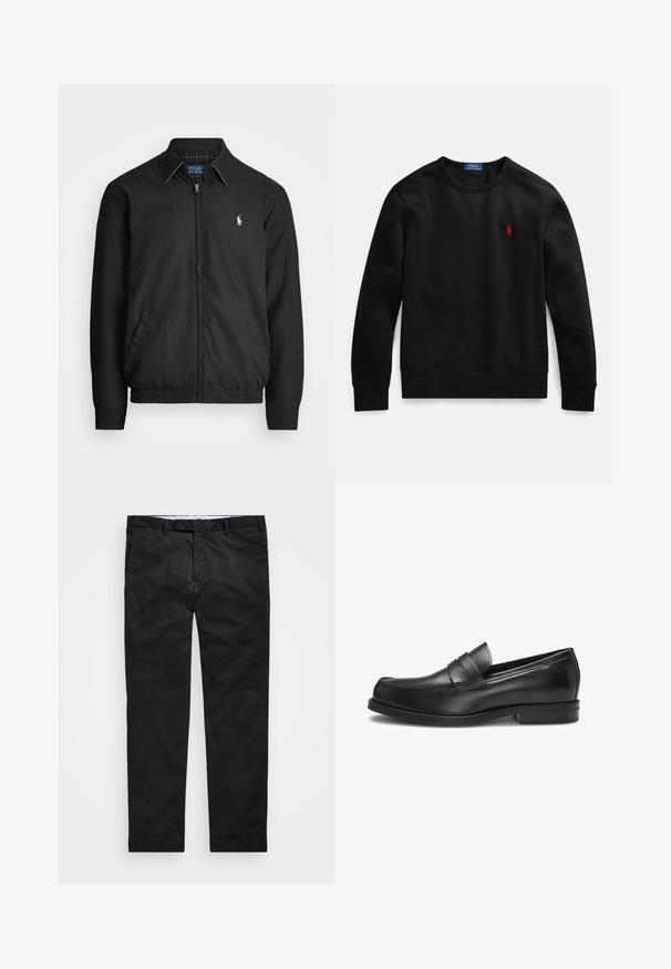 Juodas bombonešis, pagamintas iš lygios medžiagos, su užtrauktuku priekyje, elastingomis rankogaliais, šalutinėmis kišenėmis ir maža siuvinėta logotipu ant krūtinės.; Juodas medvilninis džemperis su apvalia iškirpte, kairėje krūtinės pusėje mažas raudonas logotipas, su ribuotomis rankogaliais ir apačia.; Juodos kelnės su tiesiomis kojomis, pagamintos iš medvilnės ir poliesterio mišinio, su užtrauktuku, diržo kilputėmis ir šoninėmis kišenėmis. Lygus paviršius.; Juodi odiniai loafai su apvaliu pirštu ir siuvinėta detale, turintys dekoratyvinę juostą viršuje ir žemą kulną.