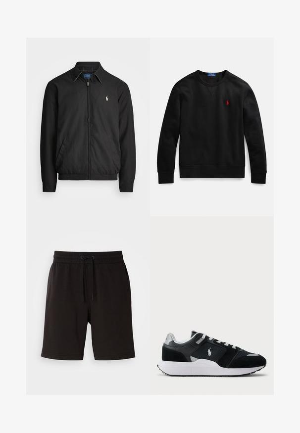 Melna bomber jaka, izgatavota no gludas auduma, ar rāvējslēdzēja priekšpusi, elastīgām piedurknēm, sānu kabatām un mazu izšūtu logotipu uz krūtīm.; Melnā kokvilnas džemperis ar apaļu izgriezumu, uz kreisās krūtīs neliels sarkans logotips, un ar ribotām aprocēm un apakšmalu.; Melnas kokvilnas šorti ar elastīgu jostasvietu, aukliņu detaļu, sānu kabatām un brīvu piegriezumu. Gluda tekstūra un ceļgala garuma dizains.; Melnas un baltas zemas tenisa kurpes ar acs un zamšādas augšdaļu, baltām auklām, baltu zoli un polo spēlētāja logo sānos.