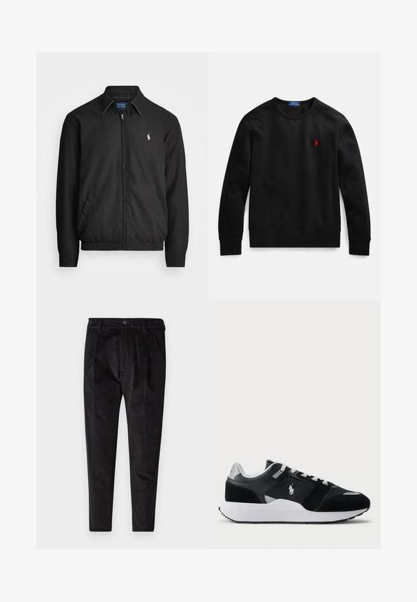 Black bomber jacket made of smooth material featuring a zip front, elastic cuffs, side pockets, and a small embroidered logo on the chest.; Black crewneck sweatshirt made from cotton material, featuring a small red logo on the left chest, and ribbed cuffs and hem.; Black corduroy trousers with a textured finish, featuring a straight leg, pleated front, and elastic waistband for comfort.; Black and white low-top sneaker with mesh and suede upper, white laces, white sole, and a polo player logo on the side.