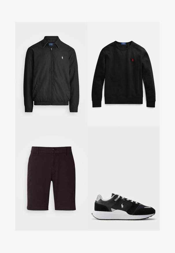 Černá bomber bunda vyrobená z hladkého materiálu, se zipem vpředu, elastickými manžetami, bočními kapsami a malým vyšitým logem na hrudi.; Černá mikina s kulatým výstřihem, vyrobená z bavlněného materiálu, s malým červeným logem na levé straně hrudi a žebrovanými manžetami a lemem.; Černé šortky z hladké tkaniny, s knoflíkovým zapínáním, poutky na opasek a čistými liniemi. Délka sahá těsně nad koleno.; Černobílé nízké tenisky s vrchní částí z síťoviny a semiše, bílé tkaničky, bílá podešev a logo póla na boku.