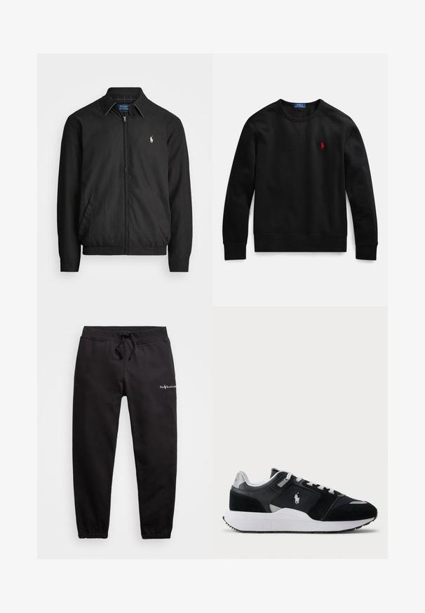 Svart bomberjacka i slätt material med dragkedja fram, elastiska ärmmuddar, sidofickor och en liten broderad logotyp på bröstet.; Svart crewneck-tröja i bomullsmaterial, med en liten röd logotyp på vänster bröst samt ribbstickade muddar och fåll.; Svarta träningbyxor i bomull med elastisk midja och dragsko, tapered design och en liten logotyp fram.; Svart och vit låg sneaker med överdel i mesh och mocka, vita snören, vit sula och en polo-spelare logo på sidan.