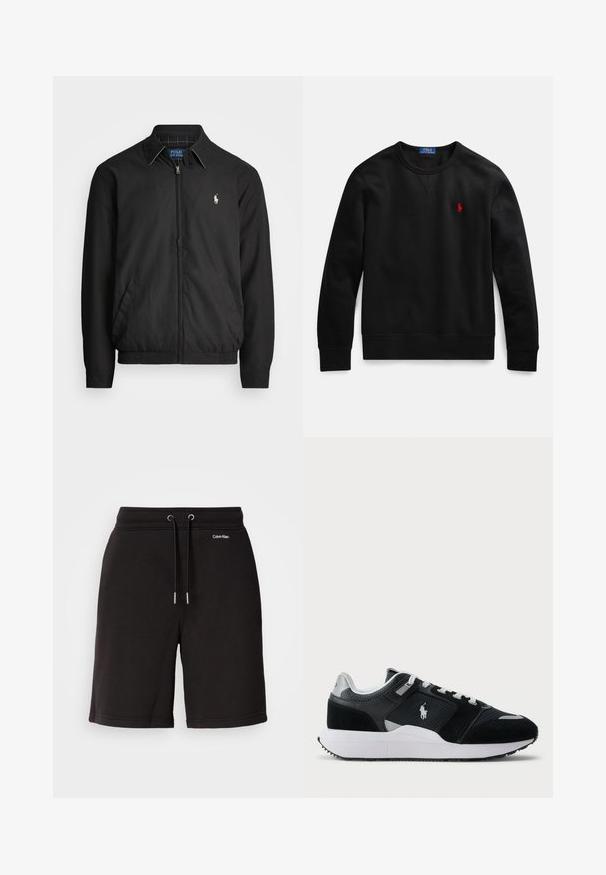 Čierna bomber bunda vyrobená z hladkého materiálu s predným zipsom, elastickými manžetami, bočnými vreckami a malým vyšívaným logom na hrudi.; Čierna mikina s okrúhlym výstrihom vyrobená z bavlny, s malým červeným logom na ľavej strane hrudníka a rebrovanými manžetami a lemom.; Čierne bavlnené šortky s elastickým pásom a šnúrkou, so striebornými detailmi. S bielym logom ako akcentom, majú hladkú textúru a uvoľnený strih.; Čierno-biele nízke tenisky s vrchnou časťou z jemnej sieťoviny a semišu, bielymi šnúrkami, bielou podrážkou a logom jazdca na boku.