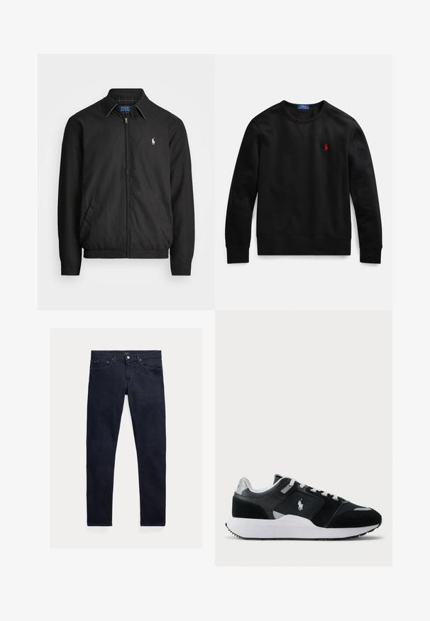 Fekete bomber dzseki sima anyagból, elülső cipzárral, rugalmas mandzsettákkal, oldalsó zsebekkel és egy kis hímzett logóval a mellen.; Fekete, pamut anyagból készült kereknyakú pulóver, bal oldali mellrészen kis piros logóval, bordázott mandzsettával és szegéllyel.; Sötétkék farmernadrág karcsúsított szabással. Öt zsebbel, zipzáras sliccel és fém gombos rögzítéssel rendelkezik. Simult tapintású, minimális kopással.; Fekete-fehér alacsony szárú sportcipő hálós és velúr felső résszel, fehér fűzőkkel, fehér talppal, és az oldalán egy polo játékos logóval.